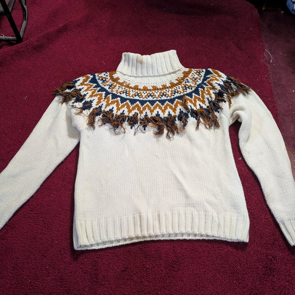 Forever 21 Cream Knit Turtleneck Sweater Fringe Fair Isle Pattern Size Large